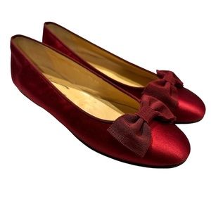 New Vintage Ralph Lauren Made Italy Ruby Red Bow Ballet Flats 7AA